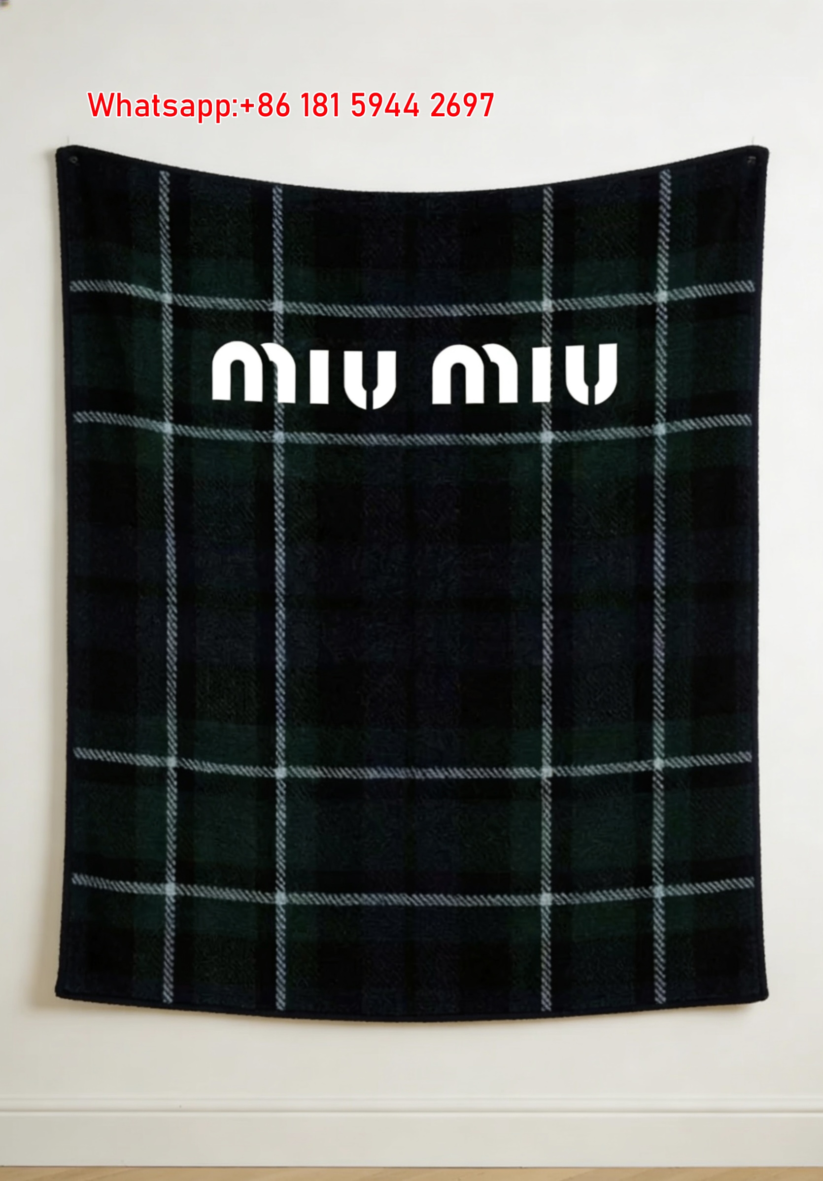 Miu Miu Dark Green Tartan Plaid Print Flannel Throw Blanket IMG_0448